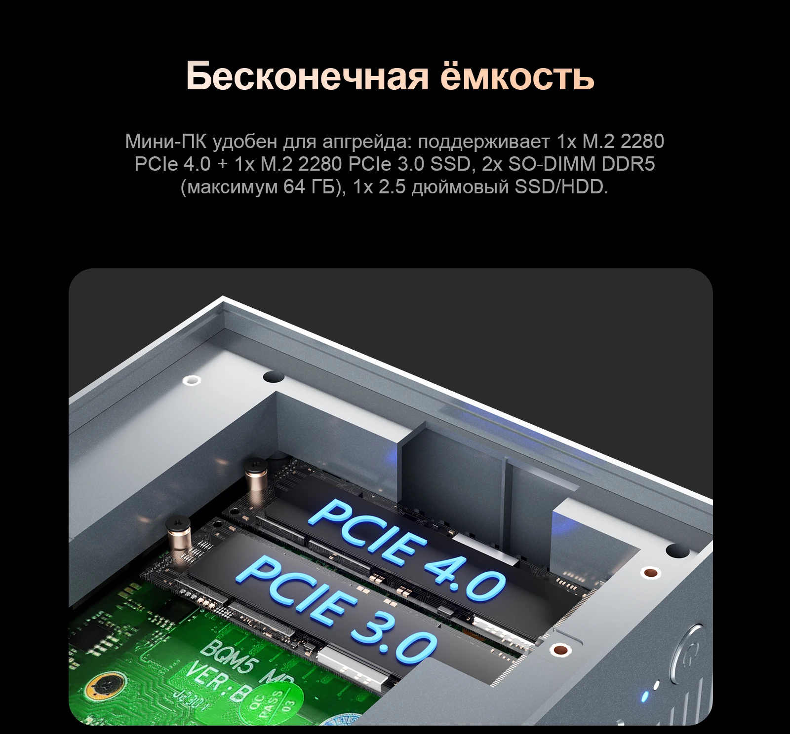 Мини-ПК Chatreey IT12 оснащен двумя интерфейсами для жестких дисков, поддерживающими PCIE3.0 и PCIE4.0, а также имеет интерфейс для 2,5-дюймового механического жесткого диска. Он располагает двумя слотами для оперативной памяти, поддерживающими память DDR5, что отвечает требованиям к большому объему хранения.
