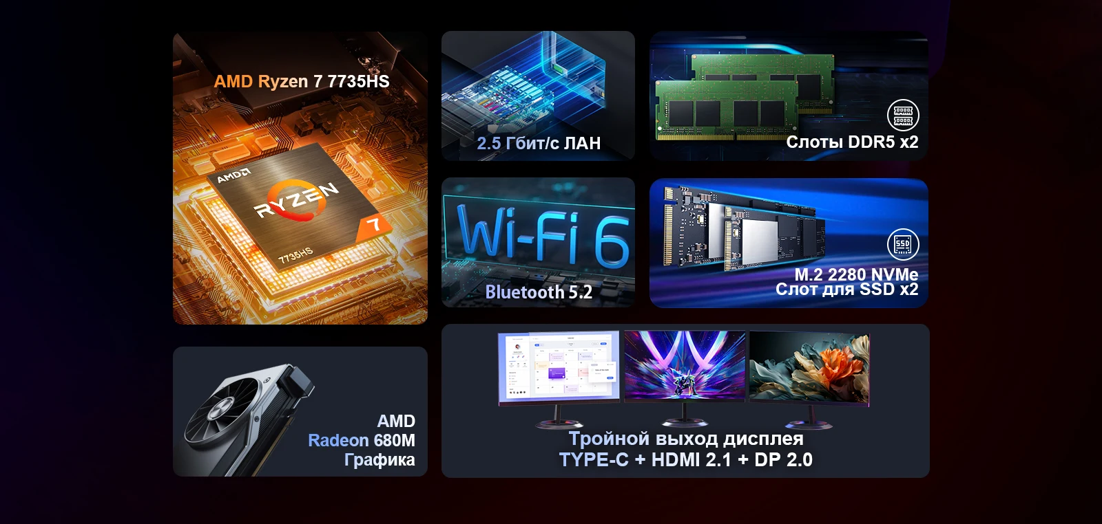 Мини-ПК Chatreey AN3P оснащен процессором AMD Ryzen 7 7735HS, двухканальной памятью DDR5 (до 64 ГБ) и двумя слотами NVMe SSD (до 2 ТБ), а также поддерживает Wi-Fi 6 и Bluetooth 5.2, оснащен LAN 2.5 Гбит/с и поддерживает подключение трех дисплеев через TYPE-C, HDMI и DP.
