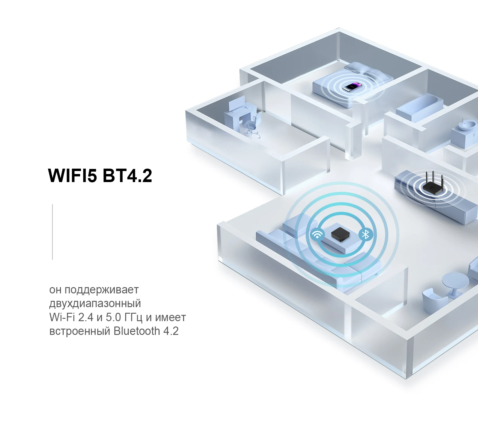 Мини-ПК Chatreey T9H оснащен WIFI 5 и BT 4.2, поддерживая передачу данных на частотах 2.4 и 5.0 ГГц, что позволяет ему принимать сигнал в любом уголке.